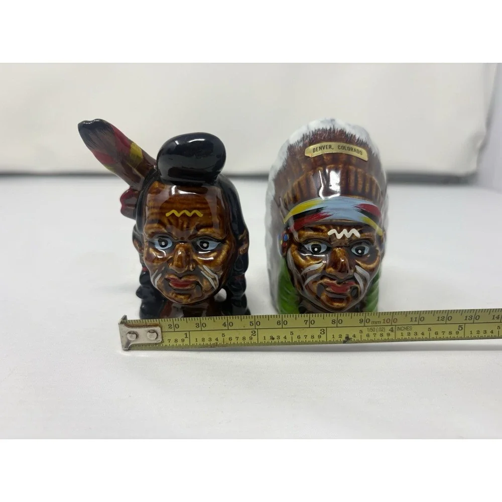 Vintage Walls Ceramic Japan Hand Painted Native American Colorful Salt & Pepper